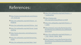 References:
http://www.inventorofemail.com/history
_of_email.asp
http://en.wikipedia.org/wiki/History_of_
blogging

http://en.wikipedia.org/wiki/Online_chat
http://en.wikipedia.org/wiki/Social_book
marking
http://www.alexnolan.net/software/url_
history.htm
http://en.wikipedia.org/wiki/Streaming_
media
http://en.wikipedia.org/wiki/Web_feed

http://en.wikipedia.org/wiki/History_o
f_podcasting
http://www.voipinfo.org/wiki/view/What+is+VOIP
http://en.wikipedia.org/wiki/History_o
f_wikis
http://www2.uncp.edu/home/acurtis/
NewMedia/SocialMedia/SocialMediaHi
story.html
http://en.wikipedia.org/wiki/History_o
f_the_World_Wide_Web
http://www2.uncp.edu/home/acurtis/
NewMedia/SocialMedia/SocialMediaHi
story.html

 