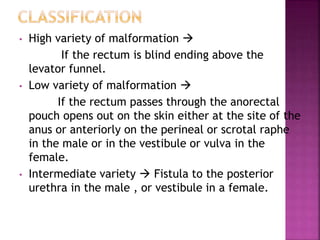 • High variety of malformation 
If the rectum is blind ending above the
levator funnel.
• Low variety of malformation 
If the rectum passes through the anorectal
pouch opens out on the skin either at the site of the
anus or anteriorly on the perineal or scrotal raphe
in the male or in the vestibule or vulva in the
female.
• Intermediate variety  Fistula to the posterior
urethra in the male , or vestibule in a female.
 