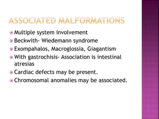  Multiple system involvement
 Beckwith- Wiedemann syndrome
 Exompahalos, Macroglossia, Giagantism
 With gastrochisis- Association is intestinal
atresias
 Cardiac defects may be present.
 Chromosomal anomalies may be associated.
 