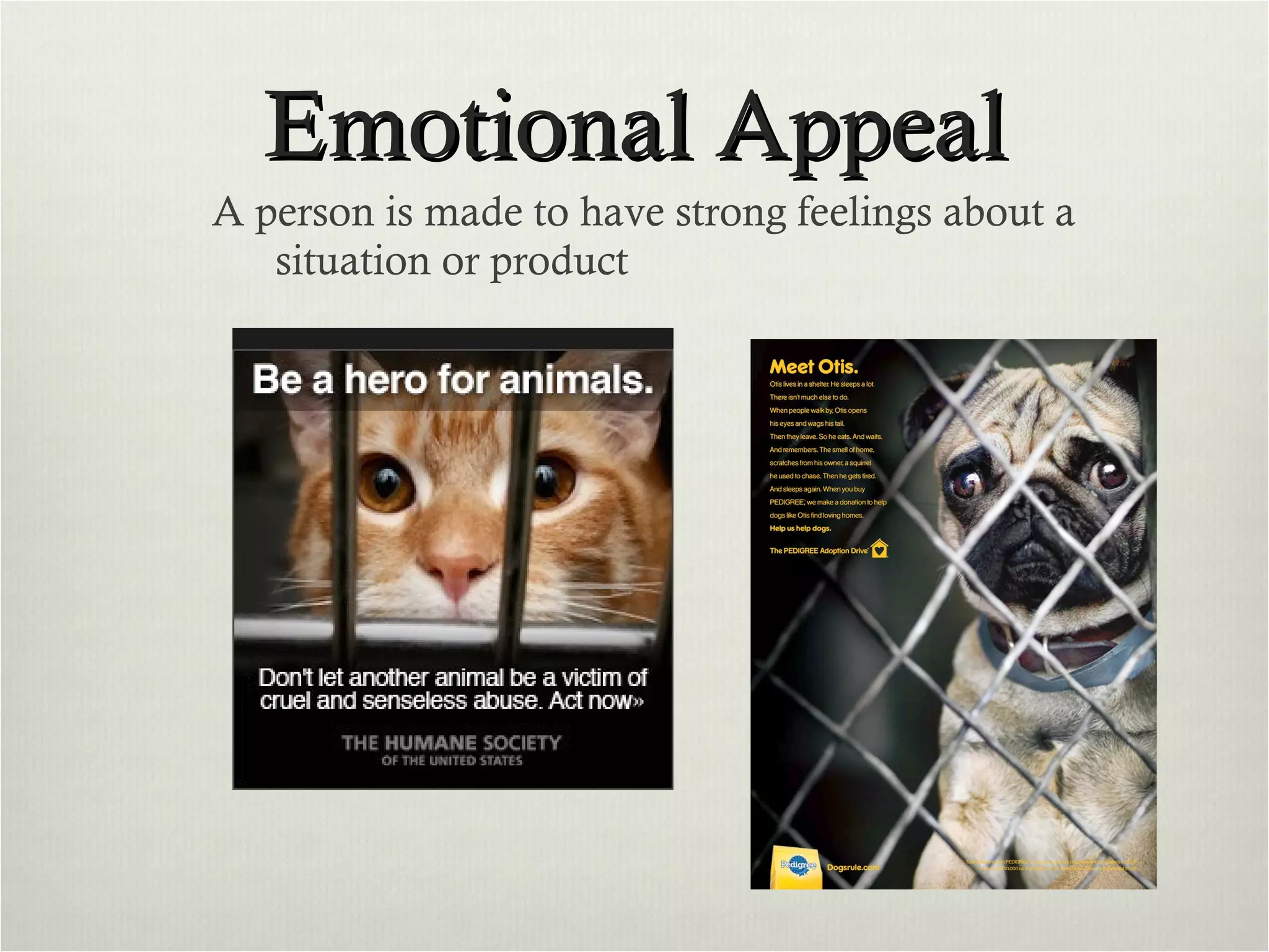 Emotional Appeal A person is made to have strong feelings about a situation or product 