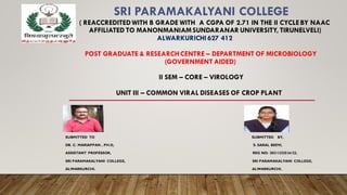 SRI PARAMAKALYANI COLLEGE
( REACCREDITEDWITH B GRADE WITH A CGPA OF 2.71 IN THE II CYCLEBY NAAC
AFFILIATED TO MANONMANIAMSUNDARANAR UNIVERSITY, TIRUNELVELI)
ALWARKURICHI627 412
POST GRADUATE & RESEARCHCENTRE – DEPARTMENT OF MICROBIOLOGY
(GOVERNMENT AIDED)
II SEM – CORE – VIROLOGY
UNIT III – COMMON VIRAL DISEASES OF CROP PLANT
SUBMITTED TO SUBMITTED BY,
DR. C. MARIAPPAN , PH.D, S. SARAL BEEVI,
ASSISTANT PROFESSOR, REG NO: 20211232516123,
SRI PARAMAKALYANI COLLEGE, SRI PARAMAKALYANI COLLEGE,
ALWARKURCHI. ALWARKURCHI.
 