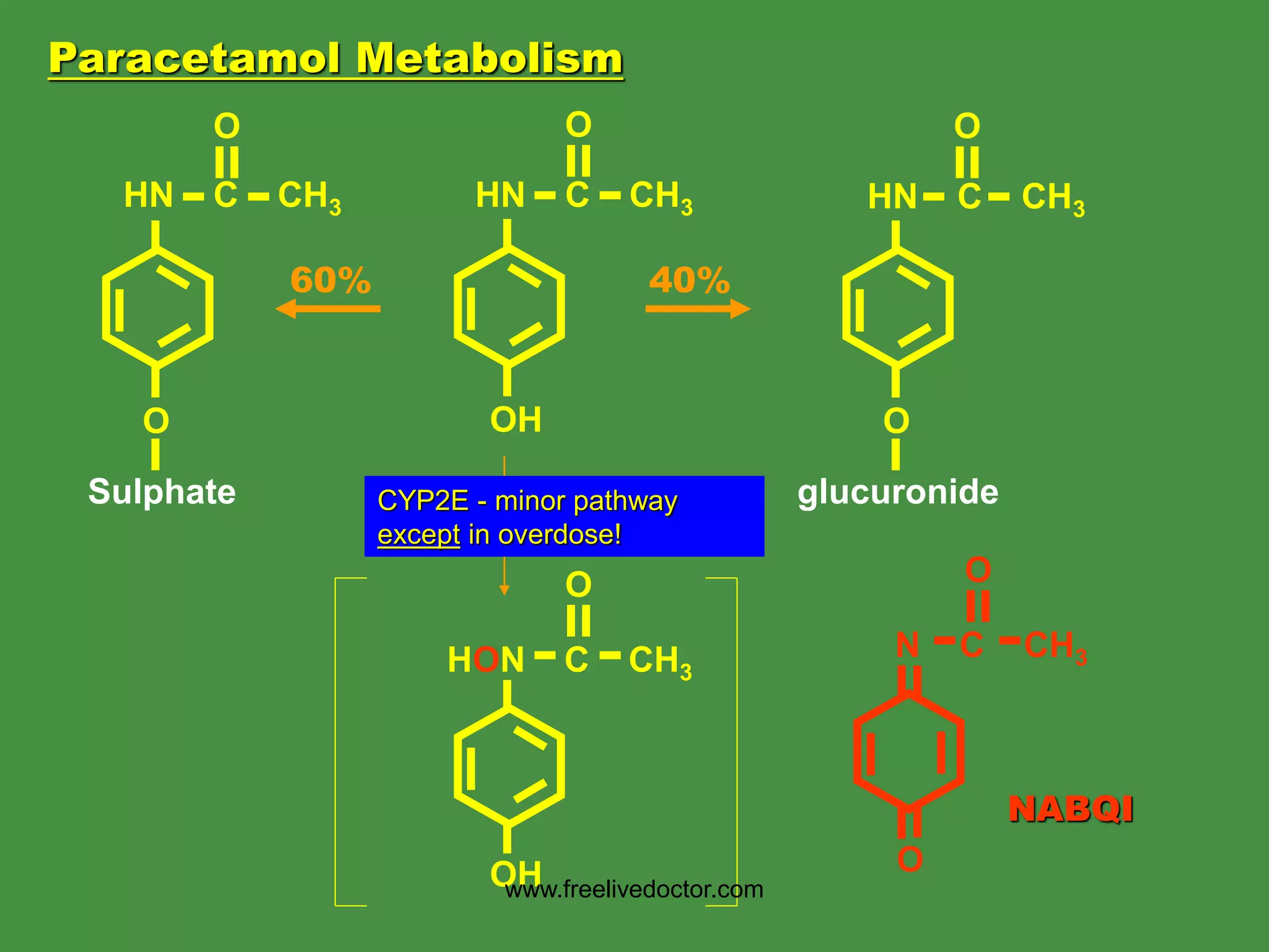 OH
HN C CH3
O
O
HN C CH3
O
Sulphate
O
HN C CH3
O
glucuronide
OH
HON C CH3
O
60% 40%
CYP2E - minor pathway
except in overdose!
Paracetamol Metabolism
O
N C CH3
O
NABQI
www.freelivedoctor.com
 