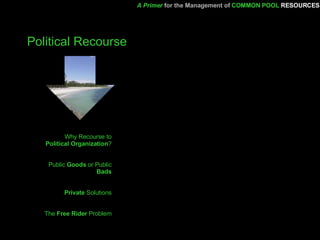 Political Recourse Why Recourse to  Political Organization ? Public  Goods  or Public  Bads Private  Solutions The  Free Rider  Problem A Primer   for the Management of   COMMON POOL   RESOURCES 