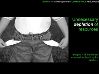 Unnecessary  depletion  of resources Imagine if all the timber were suddenly put up for grabs… A Primer   for the Management of   COMMON POOL   RESOURCES 