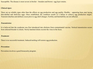 Susceptible. The disease is most severe in broiler – breeders and brown –egg layer strains.
Clinical signs:
There are no reliable signs other than the effects on egg production and egg quality. Healthy – appearing hens start laying
thin-shelled and shell-less eggs. Once established, the condition results in a failure to achieve egg production targets.
Transient diarrhea and dullness occur prior to egg shell changes. Fertility and hatchability are not affected.
Transmission:
It is believed that the syndrome was first introduced into chickens from contaminated vaccine. Vertical transmission occurs
from infected breeder to chicks. Newly hatched chicks excrete the virus in the feces.
Treatment:
There is no successful treatment. Induced molting will restore egg production.
Prevention:
Prevention involves a good biosecurity program.
 