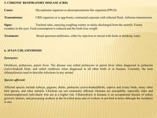5. CHRONIC RESPIRATORY DISEASE (CRD)
Cause: Mycoplasma organism or pleuropneumonia like organism (PPLO)
Transmission: CRD organism or is egg-borne; contracted exposure with infected flock. Airborne transmission.
Signs: Tracheal rales, sneezing coughing watery or sticky discharged from the nostrils. Foamy
exudates in the eyes. Feed consumption is reduced and the birds lose weight
Treatment: Broad spectrum antibiotics, either by injection or mixed with feeds or drinking water.
6. AVIAN CHLAMYDIOSIS
Synonyms:
Ornithosis, psittacosis, parrot fever. The disease was called psittacosis or parrot fever when diagnosed in psittacine
(curve-beaked) birds, and called ornithosis when diagnosed in all other birds or in humans. Currently, the term
chlamydiosisis used to describe infections in any animal.
Species affected:
Affected species include turkeys, pigeons, ducks, psittacine (curve-beaked)birds, captive and aviary birds, many other
bird species, and other animals. Chickens are not commonly affected. Humans are susceptible, especially older and
immunosuppressed individuals who are at a higher risk. Chlamydiosis in humans is an occupational disease of turkey
growers, haulers, and processing workers in the live-bird areas and of workers in pet-bird aviaries although the incidence
is rare.
 