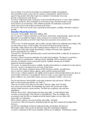 tract secretions. It can also be transmitted on contaminated clothing and equipment.
Recovered birds remain carriers and will continue to intermittently shed the infective
agent for long periods after clinical signs have subsided. Environmental stress may
provoke a reoccurrence of the disease.
Treatment: Chlorotetracycline can be given in the feed (200-400 g/ton) for 3 weeks. Other antibiotics
are usually ineffective. Recovered birds are safe for processing. Permanent lesions on the
heart and liver are not infectious. FDA withdrawal periods for medications used must be
strictly observed to avoid residual chemicals in the tissues.
Prevention: There is no vaccine. Have a good biosecurity program, excluding wild birds as much as
possible.
Swollen Head Syndrome
Synonyms: Facialcellulitis, thick head, Dikkop, SHS
Species affected: Chickens and turkeys are the known natural hosts. Experimentally, guinea fowl and
pheasants are susceptible but pigeons, ducks, and geese are resistant to the infection.
SHS does not presently occur in the United States,but is present in most countries of the
world.
Clinical signs: In chicks and poults, there is initial sneezing, followed by reddening and swelling of the
tear ducts and eye tissue. Facial swelling will extend over the head and down the jaw
and wattles. Adult chickens have mild respiratory disease followed by a few birds having
swollen heads. Other signs include disorientation, twisting of the neck, and a significant
drop in egg production (see Table 1).
Transmission: The infection spreads by direct contact with infected birds or indirectly by exposure to
infectious material.
Treatment: There is no proven medication for swollen head syndrome. The disease is caused by a
virus classified as a pneumovirus. A disease closely mimicking SHS is caused by a mixed
infection of respiratory viruses and specific bacteria. Antibiotic therapy may be helpful
against the bacterial component.
Prevention: A commercialvaccine is available. Swollen head syndrome is considered an exotic disease
and a live vaccine is not approved for use in the United States.
Synonyms: MG,chronic respiratory disease (CRD),infectious sinusitis, mycoplasmosis
Species affected: chickens,turkeys, pigeons, ducks, peafowl and passerine birds.
Clinical signs: Clinical symptoms vary slightly between species. Infected adult chickens may show no
outward signs if infection is uncomplicated. However,sticky, serous exudate from nostrils,
foamy exudate in eyes,and swollen sinuses can occur, especially in broilers. The air sacs
7
may become infected. Infected birds can develop respiratory rales and sneeze. Affected
birds are often stunted and unthrifty (see Table 1).
There are two forms of this disease in the turkey. With the “upper form” the birds
have watery eyes and nostrils, the infraorbitals (just below the eye) become swollen,
and the exudate becomes caseous and firm. The birds have respiratory rales and show
unthriftiness.
With the “lower form”, infected turkeys develop airsacculitis. As with chickens, birds
can show no outward signs if the infection is uncomplicated. Thus, the condition may
go unnoticed until the birds are slaughtered and the typical legions are seen. Birds with
airsacculitis are condemned.
MG in chicken embryos can cause dwarfing, airsacculitis, and death.
Transmission: MGcan be spread to offspring through the egg. Most commercial breeding flocks,
however,
are MG-free. Introduction of infected replacement birds can introduce the disease to
MG-negative flocks. MG can also be spread by using MG-contaminated equipment.
Treatment : Outbreaks of MG can be controlled with the use of antibiotics. Erythromycin, tylosin,
 