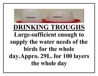 DRINKING TROUGHS
Large-sufficient enough to
supply the water needs of the
birds for the whole
day.Appro. 29L. for 100 layers
the whole day
 