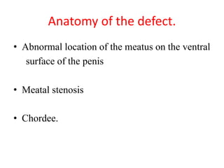 Anatomy of the defect.
• Abnormal location of the meatus on the ventral
surface of the penis
• Meatal stenosis
• Chordee.
 