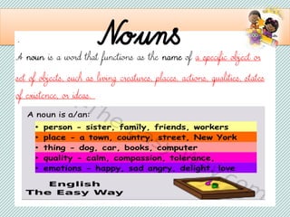 . Nouns
A noun is a word that functions as the name of a specific object or
set of objects, such as living creatures, places, actions, qualities, states
of existence, or ideas.