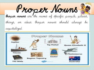 . P roper Nouns
Proper nouns are the names of specific people, places,
things, or ideas. Proper nouns should always be
capitalized.