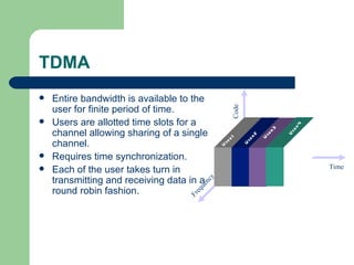TDMA
   Entire bandwidth is available to the
    user for finite period of time.




                                                    Code
   Users are allotted time slots for a




                                                                                  4
                                                                              er
    channel allowing sharing of a single




                                                                         3
                                                                     er


                                                                             Us
                                                                2
                                                    r1




                                                                    Us
                                                            er
    channel.                                    e




                                                           Us
                                             Us

   Requires time synchronization.
                                                                                      Time
   Each of the user takes turn in
    transmitting and receiving data in a

                                        cy
                                        en
    round robin fashion.
                                       u
                                    eq
                                   Fr
 