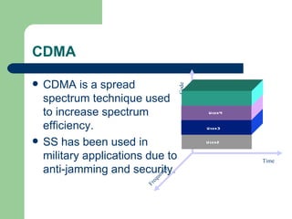 CDMA

   CDMA is a spread




                                   Code
    spectrum technique used                         User 4

    to increase spectrum                   User 4


    efficiency.                           User 3

   SS has been used in                   User 2


    military applications due to          User 1
                                                         Time
    anti-jamming and security.
                               y
                              nc
                           ue
                          eq
                         Fr
 