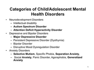 Categories of Child/Adolescent Mental
Health Disorders
• Neurodevelopment Disorders
– Intellectual disability
– Autism Spectrum Disorder
– Attention Deficit Hyperactivity Disorder
• Depressive and Bipolar Disorders
– Major Depressive Disorder
– Persistent Depressive Disorder (Dysthymia)
– Bipolar Disorder
– Disruptive Mood Dysregulation Disorder
• Anxiety Disorders
– Selective Mutism, Specific Phobia, Separation Anxiety,
– Social Anxiety, Panic Disorder, Agoraphobia, Generalized
Anxiety
5
 
