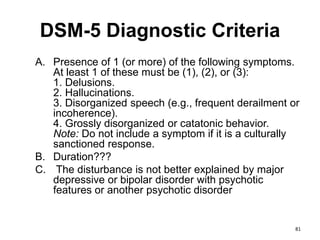 DSM-5 Diagnostic Criteria
A. Presence of 1 (or more) of the following symptoms.
At least 1 of these must be (1), (2), or (3):
1. Delusions.
2. Hallucinations.
3. Disorganized speech (e.g., frequent derailment or
incoherence).
4. Grossly disorganized or catatonic behavior.
Note: Do not include a symptom if it is a culturally
sanctioned response.
B. Duration???
C. The disturbance is not better explained by major
depressive or bipolar disorder with psychotic
features or another psychotic disorder
81
 