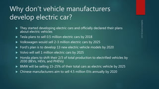 Why don’t vehicle manufacturers
develop electric car?
 They started developing electric cars and officially declared their plans
about electric vehicles
 Tesla plans to sell 0.5 million electric cars by 2018
 Volkswagen would sell 2-3 million electric cars by 2025
 Ford’s plan is to develop 13 new electric vehicle models by 2020
 Volvo will sell 1 million electric cars by 2025
 Honda plans to shift their 2/3 of total production to electrified vehicles by
2030 (BEVs, HEVs, and PHEVs)
 BMW will be selling 15-25% of their total cars as electric vehicle by 2025
 Chinese manufacturers aim to sell 4.5 million EVs annually by 2020
 