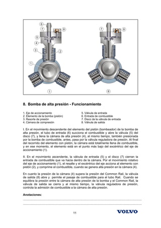 8. Bomba de alta presión - Funcionamiento

1. Eje de accionamiento                                               5. Válvula de entrada
2. Elemento de la bomba (pistón)                                      6. Entrada de combustible
3. Resorte de presión                                                 7. Disco de la válvula de entrada
4. Cámara de compresión                                               8. Válvula de salida

I. En el movimiento descendente del elemento del pistón (bombeador) de la bomba de
alta presión, el tubo de entrada (6) succiona el combustible y abre la válvula (5) del
disco (7), y llena la cámara de alta presión (4), al mismo tiempo, también presionada
por la bomba de combustible, antes, pasa por la válvula reguladora de presión. Al final
del recorrido del elemento con pistón, la cámara está totalmente llena de combustible,
y en ese momento, el elemento está en el punto más bajo del excéntrico del eje de
accionamiento (1).

II. En el movimiento ascendente, la válvula de entrada (5) y el disco (7) cierran la
entrada de combustible que va hacia dentro de la cámara. Por el movimiento rotativo
del eje de accionamiento (1), el resalte y el excéntrico del eje acciona al elemento con
pistón (2), y comprime el combustible, cuando se genera alta presión en la cámara (4).

En cuanto la presión de la cámara (4) supera la presión del Common Rail, la válvula
de salida (8) abre y permite el pasaje de combustible para el tubo Rail. Cuando se
equilibra la presión entre la cámara de alta presión de la bomba y el Common Rail, la
válvula de salida se cierra y al mismo tiempo, la válvula reguladora de presión,
controla la admisión de combustible a la cámara de alta presión.

Anotaciones:
...............................................................................................................................................
...............................................................................................................................................


                                                            11
 
