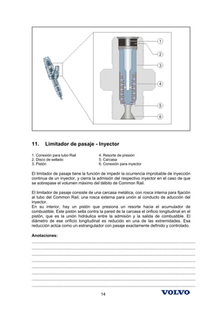 11.        Limitador de pasaje - Inyector

1. Conexión para tubo Rail                                4. Resorte de presión
2. Disco de sellado                                       5. Carcasa
3. Pistón                                                 6. Conexión para inyector

El limitador de pasaje tiene la función de impedir la ocurrencia improbable de inyección
continua de un inyector, y cierra la admisión del respectivo inyector en el caso de que
se sobrepase el volumen máximo del débito de Common Rail.

El limitador de pasaje consiste de una carcasa metálica, con rosca interna para fijación
al tubo del Common Rail, una rosca externa para unión al conducto de aducción del
inyector.
En su interior, hay un pistón que presiona un resorte hacia el acumulador de
combustible. Este pistón sella contra la pared de la carcasa el orificio longitudinal en el
pistón, que es la unión hidráulica entre la admisión y la salida de combustible. El
diámetro de ese orificio longitudinal es reducido en una de las extremidades. Esa
reducción actúa como un estrangulador con pasaje exactamente definido y controlado.

Anotaciones:
...............................................................................................................................................
...............................................................................................................................................
...............................................................................................................................................
...............................................................................................................................................
...............................................................................................................................................
...............................................................................................................................................
...............................................................................................................................................
...............................................................................................................................................

                                                            14
 