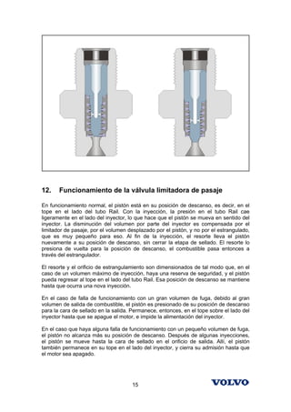 12.    Funcionamiento de la válvula limitadora de pasaje

En funcionamiento normal, el pistón está en su posición de descanso, es decir, en el
tope en el lado del tubo Rail. Con la inyección, la presión en el tubo Rail cae
ligeramente en el lado del inyector, lo que hace que el pistón se mueva en sentido del
inyector. La disminución del volumen por parte del inyector es compensada por el
limitador de pasaje, por el volumen desplazado por el pistón, y no por el estrangulado,
que es muy pequeño para eso. Al fin de la inyección, el resorte lleva el pistón
nuevamente a su posición de descanso, sin cerrar la etapa de sellado. El resorte lo
presiona de vuelta para la posición de descanso, el combustible pasa entonces a
través del estrangulador.

El resorte y el orificio de estrangulamiento son dimensionados de tal modo que, en el
caso de un volumen máximo de inyección, haya una reserva de seguridad, y el pistón
pueda regresar al tope en el lado del tubo Rail. Esa posición de descanso se mantiene
hasta que ocurra una nova inyección.

En el caso de falla de funcionamiento con un gran volumen de fuga, debido al gran
volumen de salida de combustible, el pistón es presionado de su posición de descanso
para la cara de sellado en la salida. Permanece, entonces, en el tope sobre el lado del
inyector hasta que se apague el motor, e impide la alimentación del inyector.

En el caso que haya alguna falla de funcionamiento con un pequeño volumen de fuga,
el pistón no alcanza más su posición de descanso. Después de algunas inyecciones,
el pistón se mueve hasta la cara de sellado en el orificio de salida. Allí, el pistón
también permanece en su tope en el lado del inyector, y cierra su admisión hasta que
el motor sea apagado.




                                     15
 