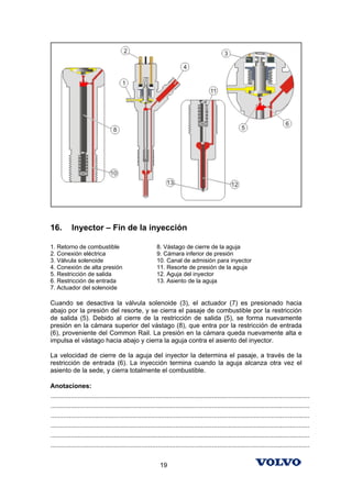 16.        Inyector – Fin de la inyección

1. Retorno de combustible                                 8. Vástago de cierre de la aguja
2. Conexión eléctrica                                     9. Cámara inferior de presión
3. Válvula solenoide                                      10. Canal de admisión para inyector
4. Conexión de alta presión                               11. Resorte de presión de la aguja
5. Restricción de salida                                  12. Aguja del inyector
6. Restricción de entrada                                 13. Asiento de la aguja
7. Actuador del solenoide

Cuando se desactiva la válvula solenoide (3), el actuador (7) es presionado hacia
abajo por la presión del resorte, y se cierra el pasaje de combustible por la restricción
de salida (5). Debido al cierre de la restricción de salida (5), se forma nuevamente
presión en la cámara superior del vástago (8), que entra por la restricción de entrada
(6), proveniente del Common Rail. La presión en la cámara queda nuevamente alta e
impulsa el vástago hacia abajo y cierra la aguja contra el asiento del inyector.

La velocidad de cierre de la aguja del inyector la determina el pasaje, a través de la
restricción de entrada (6). La inyección termina cuando la aguja alcanza otra vez el
asiento de la sede, y cierra totalmente el combustible.

Anotaciones:
...............................................................................................................................................
...............................................................................................................................................
...............................................................................................................................................
...............................................................................................................................................
...............................................................................................................................................
...............................................................................................................................................


                                                            19
 