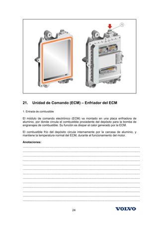21.        Unidad de Comando (ECM) – Enfriador del ECM

1. Entrada de combustible

El módulo de comando electrónico (ECM) va montado en una placa enfriadora de
aluminio, por donde circula el combustible procedente del depósito para la bomba de
engranajes de combustible. Su función es disipar el calor generado por la ECM.

El combustible frío del depósito circula internamente por la carcasa de aluminio, y
mantiene la temperatura normal del ECM, durante el funcionamiento del motor.

Anotaciones:
...............................................................................................................................................
...............................................................................................................................................
...............................................................................................................................................
...............................................................................................................................................
...............................................................................................................................................
...............................................................................................................................................
...............................................................................................................................................
...............................................................................................................................................
...............................................................................................................................................
...............................................................................................................................................
...............................................................................................................................................
...............................................................................................................................................
...............................................................................................................................................


                                                            24
 