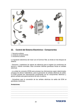 22.        Control del Sistema Electrónico - Componentes
1. Sensores auxiliares
2. Unidad de comando (ECM)
3. Actuadores auxiliares

La regulación electrónica del motor con el Common Rail, se divide en tres bloques de
sistema:

- Sensores y captadores de valores de referencia para el registro de condiciones de
servicio y valores nominales. Ellos convierten distintas grandezas físicas en señales
eléctricas.

- La unidad de comando (ECM) para procesar las informaciones según determinados
procesos de cálculo matemáticos, para la generación de señales eléctricas de salida.
La ECM procesa las informaciones provenientes de los componentes eléctricos y
genera señales para gerenciamiento de todo el sistema.

- Actuadores para la conversión de las señales eléctricas de salida del ECM en
grandezas mecánicas.

Anotaciones:
...............................................................................................................................................
...............................................................................................................................................
...............................................................................................................................................
...............................................................................................................................................
...............................................................................................................................................
...............................................................................................................................................


                                                            25
 