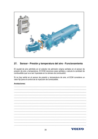 27.        Sensor - Presión y temperatura del aire - Funcionamiento

El caudal de aire admitido en el colector de admisión origina señales en el sensor de
presión de aire y temperatura. El ECM reconoce esas señales y calcula la cantidad de
combustible que va a ser inyectada en la cámara de combustión.

Si no hay señal en el sensor de presión y temperatura de aire, el ECM considera un
valor fijo para el control de la inyección de combustible.

Anotaciones:
...............................................................................................................................................
...............................................................................................................................................
...............................................................................................................................................
...............................................................................................................................................
...............................................................................................................................................
...............................................................................................................................................
...............................................................................................................................................
...............................................................................................................................................
...............................................................................................................................................
...............................................................................................................................................
...............................................................................................................................................
...............................................................................................................................................
...............................................................................................................................................
...............................................................................................................................................
...............................................................................................................................................

                                                            30
 