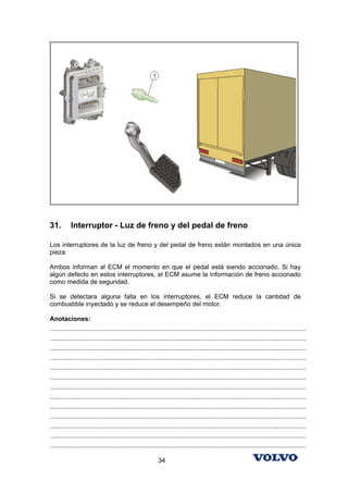 31.        Interruptor - Luz de freno y del pedal de freno

Los interruptores de la luz de freno y del pedal de freno están montados en una única
pieza.

Ambos informan al ECM el momento en que el pedal está siendo accionado. Si hay
algún defecto en estos interruptores, el ECM asume la información de freno accionado
como medida de seguridad.

Si se detectara alguna falla en los interruptores, el ECM reduce la cantidad de
combustible inyectado y se reduce el desempeño del motor.

Anotaciones:
...............................................................................................................................................
...............................................................................................................................................
...............................................................................................................................................
...............................................................................................................................................
...............................................................................................................................................
...............................................................................................................................................
...............................................................................................................................................
...............................................................................................................................................
...............................................................................................................................................
...............................................................................................................................................
...............................................................................................................................................
...............................................................................................................................................
...............................................................................................................................................

                                                            34
 