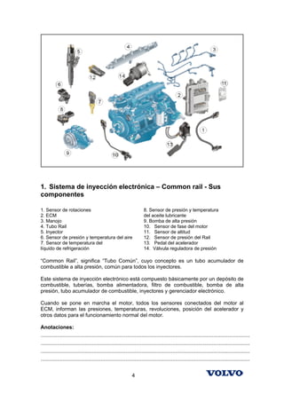 1. Sistema de inyección electrónica – Common rail - Sus
componentes

1. Sensor de rotaciones                                               8. Sensor de presión y temperatura
2. ECM                                                                del aceite lubricante
3. Manojo                                                             9. Bomba de alta presión
4. Tubo Rail                                                          10. Sensor de fase del motor
5. Inyector                                                           11. Sensor de altitud
6. Sensor de presión y temperatura del aire                           12. Sensor de presión del Rail
7. Sensor de temperatura del                                          13. Pedal del acelerador
líquido de refrigeración                                              14. Válvula reguladora de presión

“Common Rail”, significa “Tubo Común”, cuyo concepto es un tubo acumulador de
combustible a alta presión, común para todos los inyectores.

Este sistema de inyección electrónico está compuesto básicamente por un depósito de
combustible, tuberías, bomba alimentadora, filtro de combustible, bomba de alta
presión, tubo acumulador de combustible, inyectores y gerenciador electrónico.

Cuando se pone en marcha el motor, todos los sensores conectados del motor al
ECM, informan las presiones, temperaturas, revoluciones, posición del acelerador y
otros datos para el funcionamiento normal del motor.

Anotaciones:
...............................................................................................................................................
...............................................................................................................................................
...............................................................................................................................................
...............................................................................................................................................


                                                              4
 