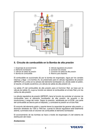 5. Circuito de combustible en la Bomba de alta presión

1. Engranaje de accionamiento                                         5. Válvula reguladora de presión
2. Elemento bombeador                                                 6. Conexión de entrada
3. Válvula de salida de presión                                       7. Conexión de salida de alta presión
4. Bomba de combustible                                               8. Retorno para depósito

El combustible es succionado (6) por la bomba de engranajes, sigue por los canales
internos y llega a la bomba (4), es presionado para la válvula reguladora de presión
(MPROP) (5) y entra en la cámara del elemento bombeador (2), donde están el pistón,
el resorte, el resalto excéntrico y la válvula de salida de alta presión (3).

La salida (7) del combustible de alta presión para el Common Rail, se hace por la
válvula de salida (3), cuya su función es retener el combustible en el tubo Rail y en los
caños de alta presión.

La válvula reguladora de presión (MPROP), tiene la función de controlar el volumen de
combustible para el elemento bombeador de alta presión, de acuerdo a las
revoluciones y carga del motor. Según la posición, señalizada por el ECM, una parte
del combustible se desvía para el depósito, y controlará la presión en el tubo Rail.

El conjunto del elemento pistón y resorte tienen la capacidad de generar alta presión, y
alcanzan alrededor de 1350 a 1400 bar, cuando la válvula reguladora está totalmente
abierta, suministra todo el volumen de combustible al elemento bombeador.

El accionamiento de las bombas se hace a través de engranajes (1) del sistema de
distribución del motor.

Anotaciones:
...............................................................................................................................................

                                                              8
 