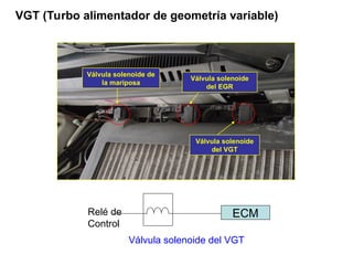 Válvula solenoide de
la mariposa
Válvula solenoide
del EGR
Válvula solenoide
del VGT
ECM
Relé de
Control
Válvula solenoide del VGT
VGT (Turbo alimentador de geometría variable)
 