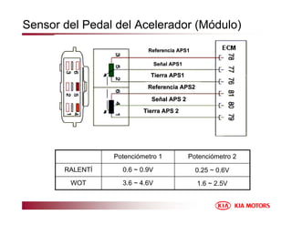 Sensor del Pedal del Acelerador (Módulo)
1.6 ~ 2.5V
3.6 ~ 4.6V
WOT
0.25 ~ 0.6V
0.6 ~ 0.9V
RALENTÍ
Potenciómetro 2
Potenciómetro 1
Referencia APS1
Referencia APS1
Se
Señ
ñal APS1
al APS1
Tierra APS1
Tierra APS1
Referencia APS2
Referencia APS2
Se
Señ
ñal APS 2
al APS 2
Tierra APS 2
Tierra APS 2
 