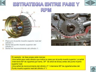 ESTRATEGIA




El captador de fase posee siete marcas:
-Una señal para cada cilindro que indica su paso por el punto muerto superior. La señal
-Interviene 60º de cigüeñal (por tanto, 30º de arbol de levas) antes del punto muerto
superior real.
-Una señal de reconocimiento del cilindro nº 1 interviene 90º de cigüeñal antes del
Punto muerto superior real del cilindro nº 1
 