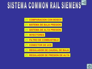 INDICE 1    SISTEMA DE BAJA PRESION    COMPARACION CON BOSCH SISTEMA COMMON RAIL SIEMENS    SISTEMA DE ALTA PRESION    INYECTORES    FILTRO DE COMBUSTIBLE    CONECTOR DE UCE    REGULADOR DE CAUDAL DE BAJA    REGULADOR DE PRESION DE ALTA 
