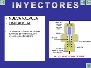NUEVA VALVULA LIMITADORA La mision de la valvula es cortar el suministro de combustible, si el inyector se quedara abierto INYECTORES 