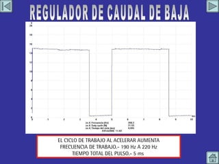 REGULADOR DE CAUDAL DE BAJA 2 REGULADOR DE CAUDAL DE BAJA EL CICLO DE TRABAJO AL ACELERAR AUMENTA FRECUENCIA DE TRABAJO.- 190 Hz A 220 Hz TIEMPO TOTAL DEL PULSO.- 5 ms  