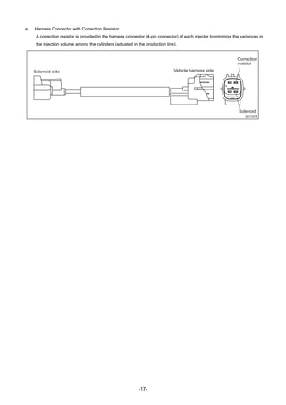 -17-
e. Harness Connector with Correction Resistor
A correction resistor is provided in the harness connector (4-pin connector) of each injector to minimize the variances in
the injection volume among the cylinders (adjusted in the production line).
QD1167E
Solenoid side Vehicle harness side
Correction
resistor
Solenoid
 