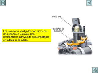 INYECTORES 6 INYECTOR MORDAZA DE SUJECCION Los inyectores van fijados con mordazas de sujeción en la culata. Son desmontables a través de pequeñas tapas en la tapa de la culata. 