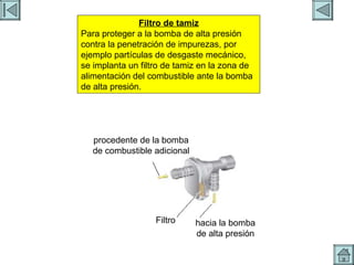 FILTRO DE TAMIZ procedente de la bomba de combustible adicional Filtro hacia la bomba de alta presión Filtro de tamiz Para proteger a la bomba de alta presión contra la penetración de impurezas, por ejemplo partículas de desgaste mecánico, se implanta un filtro de tamiz en la zona de alimentación del combustible ante la bomba de alta presión. 