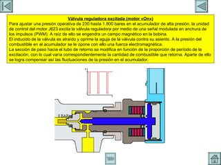 REGULACION DE PRESION 7 Válvula reguladora excitada (motor «On») Para ajustar una presión operativa de 230 hasta 1.800 bares en el acumulador de alta presión, la unidad de control del motor J623 excita la válvula reguladora por medio de una señal modulada en anchura de los impulsos (PWM). A raíz de ello se engendra un campo magnético en la bobina. El inducido de la válvula es atraído y oprime la aguja de la válvula contra su asiento. A la presión del combustible en el acumulador se le opone con ello una fuerza electromagnética. La sección de paso hacia el tubo de retorno se modifica en función de la proporción de período de la excitación, con lo cual varía correspondientemente la cantidad de combustible que retorna. Aparte de ello se logra compensar así las fluctuaciones de la presión en el acumulador. 