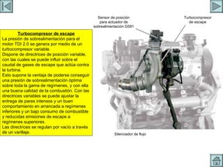 TURBO Sensor de posición para actuador de sobrealimentación G581 Turbocompresor de escape Silenciador de flujo Turbocompresor de escape La presión de sobrealimentación para el motor TDI 2.0 se genera por medio de un turbocompresor variable. Dispone de directrices de posición variable, con las cuales se puede influir sobre el caudal de gases de escape que actúa contra la turbina. Esto supone la ventaja de poderse conseguir una presión de sobrealimentación óptima sobre toda la gama de regímenes, y con ella una buena calidad de la combustión. Con las directrices variables se puede ajustar la entrega de pares intensos y un buen comportamiento en arrancada a regímenes inferiores y un bajo consumo de combustible y reducidas emisiones de escape a regímenes superiores. Las directrices se regulan por vacío a través de un varillaje. 