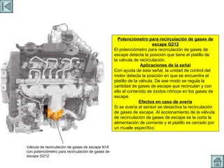 POSICION EGR Potenciómetro para recirculación de gases de escape G212 El potenciómetro para recirculación de gases de escape detecta la posición que tiene el platillo de la válvula de recirculación. Aplicaciones de la señal Con ayuda de esta señal, la unidad de control del motor detecta la posición en que se encuentra el platillo de la válvula. De ese modo se regula la cantidad de gases de escape que recirculan y con ello el contenido de óxidos nítricos en los gases de escape. Efectos en caso de avería Si se avería el sensor se desactiva la recirculación de gases de escape. Al accionamiento de la válvula de recirculación de gases de escape se le corta la alimentación de corriente y el platillo es cerrado por un muelle específico. Válvula de recirculación de gases de escape N18 con potenciómetro para recirculación de gases de escape G212 