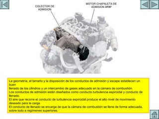 ADMISION 3 MOTOR CHAPALETA DE ADMISION  V157 COLECTOR DE ADMISION La geometría, el tamaño y la disposición de los conductos de admisión y escape establecen un buen llenado de los cilindros y un intercambio de gases adecuado en la cámara de combustión. Los conductos de admisión están diseñados como conducto turbulencia espiroidal y conducto de llenado. El aire que recorre el conducto de turbulencia espiroidal produce el alto nivel de movimiento deseado para la carga. El conducto de llenado se encarga de que la cámara de combustión se llene de forma adecuada, sobre todo a regímenes superiores. 