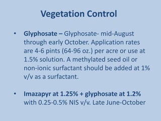 Vegetation Control
•   Glyphosate – Glyphosate- mid-August
    through early October. Application rates
    are 4-6 pints (64-96 oz.) per acre or use at
    1.5% solution. A methylated seed oil or
    non-ionic surfactant should be added at 1%
    v/v as a surfactant.

•   Imazapyr at 1.25% + glyphosate at 1.2%
    with 0.25-0.5% NIS v/v. Late June-October
 