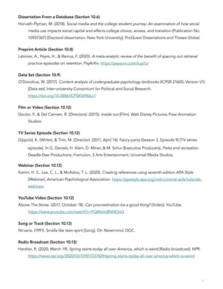Dissertation From a Database (Section 10.6)
Horvath-Plyman, M. (2018). Social media and the college student journey: An examination of how social
media use impacts social capital and affects college choice, access, and transition (Publication No.
10937367) [Doctoral dissertation, New York University]. ProQuest Dissertations and Theses Global.
Preprint Article (Section 10.8)
Latimier, A., Peyre, H., & Ramus, F. (2020). A meta-analytic review of the benefit of spacing out retrieval
practice episodes on retention. PsyArXiv. https://psyarxiv.com/kzy7u/
Data Set (Section 10.9)
O’Donohue, W. (2017). Content analysis of undergraduate psychology textbooks (ICPSR 21600; Version V1)
[Data set]. Inter-university Consortium for Political and Social Research.
https://doi.org/10.3886/ICPSR36966.v1
Film or Video (Section 10.12)
Doctor, P., & Del Carmen, R. (Directors). (2015). Inside out [Film]. Walt Disney Pictures; Pixar Animation
Studios.
TV Series Episode (Section 10.12)
Dippold, K. (Writer), & Trim, M. (Director). (2011, April 14). Fancy party (Season 3, Episode 9) [TV series
episode]. In G. Daniels, H. Klein, D. Miner, & M. Schur (Executive Producers), Parks and recreation.
Deedle-Dee Productions; Fremulon; 3 Arts Entertainment; Universal Media Studios.
Webinar (Section 10.12)
Kamin, H. S., Lee, C. L., & McAdoo, T. L. (2020). Creating references using seventh edition APA Style
[Webinar]. American Psychological Association. https://apastyle.apa.org/instructional-aids/tutorials-
webinars
YouTube Video (Section 10.12)
Above The Noise. (2017, October 18). Can procrastination be a good thing? [Video]. YouTube.
https://www.youtube.com/watch?v=FQMwmBNNOnQ
Song or Track (Section 10.13)
Nirvana. (1991). Smells like teen spirit [Song]. On Nevermind. DGC.
Radio Broadcast (Section 10.13)
Hersher, R. (2020, March 19). Spring starts today all over America, which is weird [Radio broadcast]. NPR.
https://www.npr.org/2020/03/19/817237429/spring-starts-today-all-over america-which-is-weird
3
 