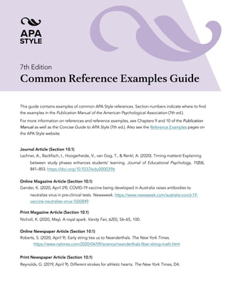 7th Edition
Common Reference Examples Guide
This guide contains examples of common APA Style references. Section numbers indicate where to find
the examples in the Publication Manual of the American Psychological Association (7th ed.).
For more information on references and reference examples, see Chapters 9 and 10 of the Publication
Manual as well as the Concise Guide to APA Style (7th ed.). Also see the Reference Examples pages on
the APA Style website.
Journal Article (Section 10.1)
Lachner, A., Backfisch, I., Hoogerheide, V., van Gog, T., & Renkl, A. (2020). Timing matters! Explaining
between study phases enhances students’ learning. Journal of Educational Psychology, 112(4),
841–853. https://doi.org/10.1037/edu0000396
Online Magazine Article (Section 10.1)
Gander, K. (2020, April 29). COVID-19 vaccine being developed in Australia raises antibodies to
neutralize virus in pre-clinical tests. Newsweek. https://www.newsweek.com/australia-covid-19-
vaccine-neutralize-virus-1500849
Print Magazine Article (Section 10.1)
Nicholl, K. (2020, May). A royal spark. Vanity Fair, 62(5), 56–65, 100.
Online Newspaper Article (Section 10.1)
Roberts, S. (2020, April 9). Early string ties us to Neanderthals. The New York Times.
https://www.nytimes.com/2020/04/09/science/neanderthals-fiber-string-math.html
Print Newspaper Article (Section 10.1)
Reynolds, G. (2019, April 9). Different strokes for athletic hearts. The New York Times, D4.
 