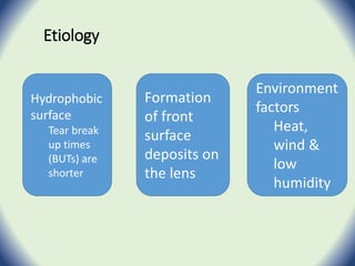 Etiology
Environment
factors
Heat,
wind &
low
humidity
Formation
of front
surface
deposits on
the lens
Hydrophobic
surface
Tear break
up times
(BUTs) are
shorter
 