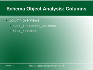 Schema Object Analysis: Columns

●   Column overviews
     ●   auto_increment_columns
     ●   text_columns




2012-04-12       http://code.google.com/p/common-schema/
 