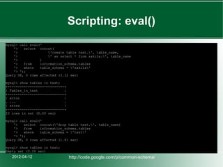 Scripting: eval()
mysql> call eval('
    '>   select concat(
    '>               'create table test.', table_name,
    '>               ' as select * from sakila.', table_name
    '>           )
    '>   from    information_schema.tables
    '>   where   table_schema = 'sakila'
    '> ');
Query OK, 0 rows affected (3.32 sec)

mysql> show tables in test;
+----------------------------+
| Tables_in_test             |
+----------------------------+
| actor                      |
. ...                        .
| store                      |
+----------------------------+
23 rows in set (0.00 sec)

mysql> call eval('
    '>   select concat('drop table test.', table_name)
    '>   from    information_schema.tables
    '>   where   table_schema = 'test'
    '> ');
Query OK, 0 rows affected (1.41 sec)

mysql> show tables in test;
Empty set (0.00 sec)
   2012-04-12                    http://code.google.com/p/common-schema/
 