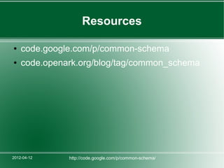 Resources

●   code.google.com/p/common-schema
●   code.openark.org/blog/tag/common_schema




2012-04-12    http://code.google.com/p/common-schema/
 